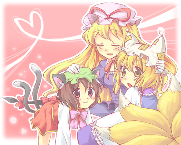 kuguri oimo, chen, yakumo ran, yakumo yukari, touhou, 3girls, :3, animal ears, animal hat, blonde hair, blush, brown hair, cat ears, cat girl, cat tail, closed eyes, female focus, fox tail, hat, long hair, long sleeves, mob cap, multiple girls, multiple tails, short hair, tail, tassel, wide sleeves, yellow eyes