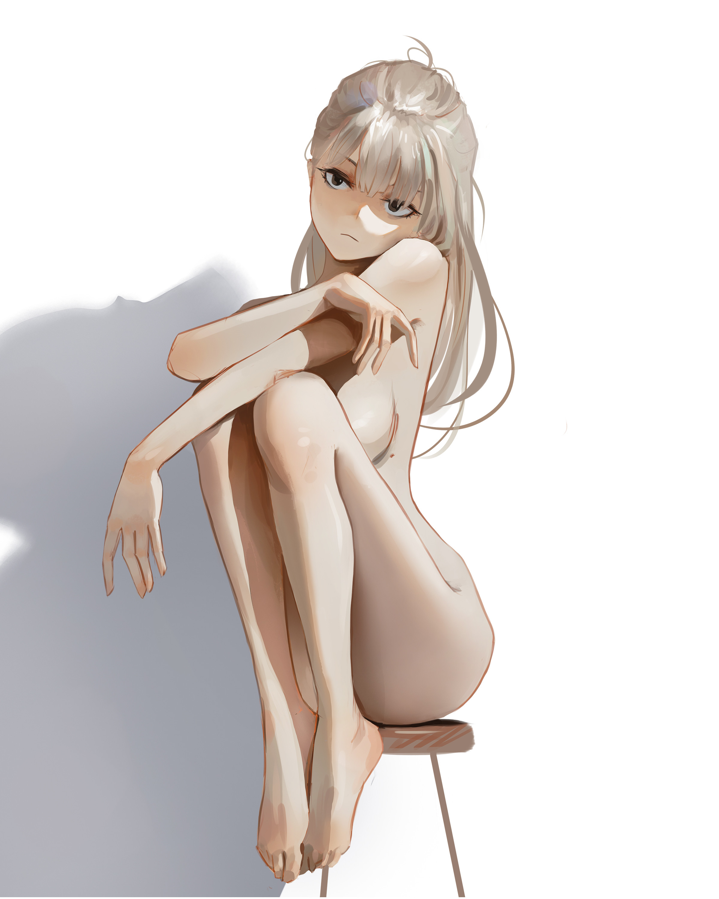 mawaw, original, absurdres, highres, photo-referenced, 1girl, chair, completely nude, convenient censoring, convenient leg, expressionless, full body, long hair, nude, on chair, sitting, solo, white hair