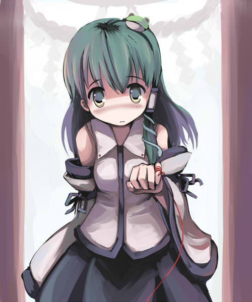 gatau, kochiya sanae, touhou, 1girl, blush, female focus, solo, standing, string, string of fate