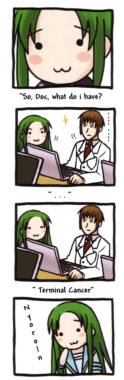 eretto, churuya, kyon, suzumiya haruhi no yuuutsu, hard-translated, highres, long image, tall image, third-party edit, translated, 4koma, :3, chibi, comic, doctor, nyoro~n, parody