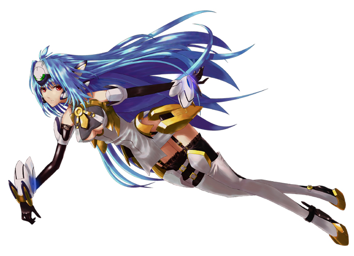 omai terasu, kos-mos, kos-mos ver. 4, xenosaga, xenosaga episode iii, 00s, 1girl, android, blue hair, female focus, headgear, red eyes, solo, thighhighs