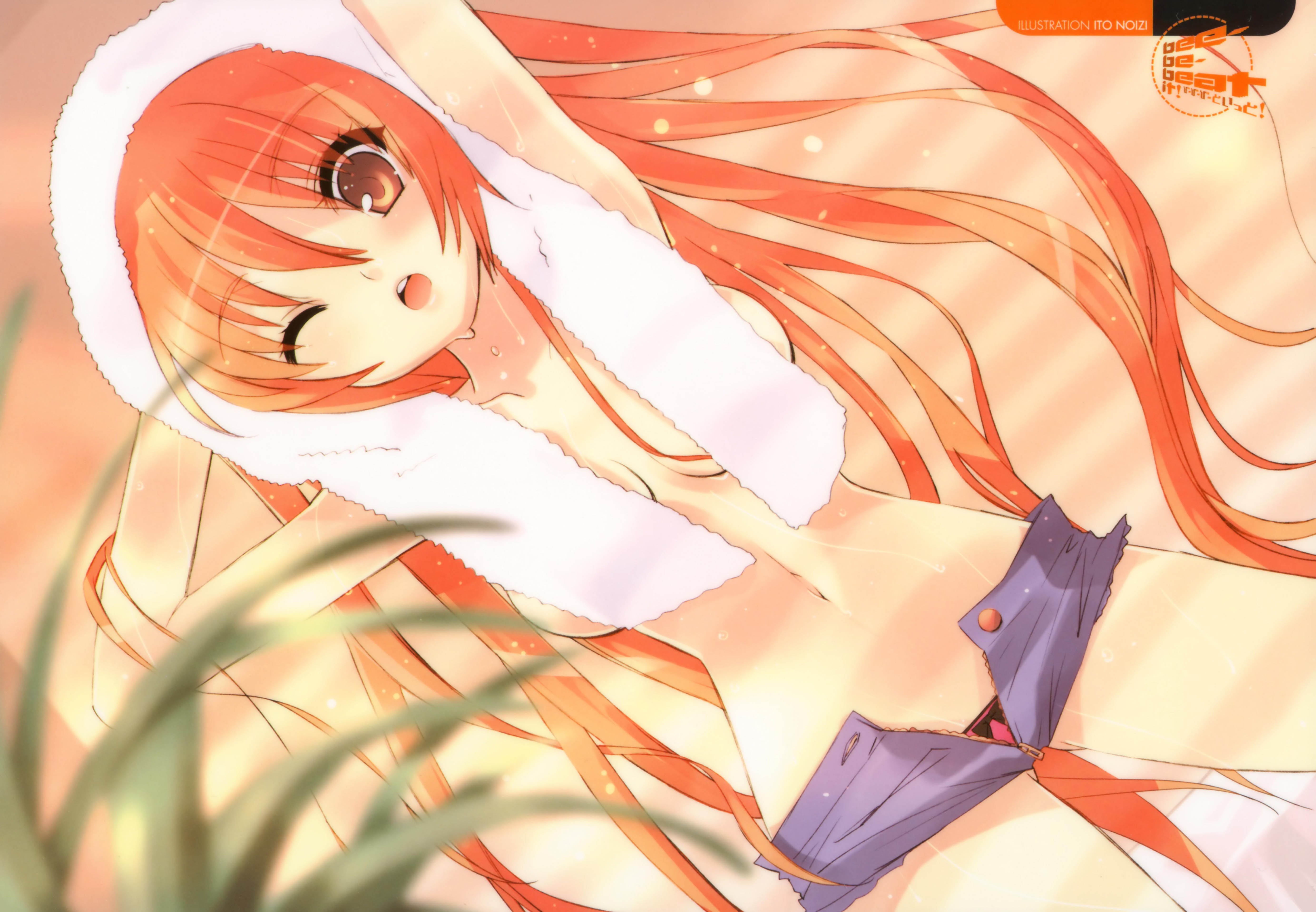 ito noizi, hachie, bee-be-beat it!, absurdres, highres, brown eyes, long hair, midriff, no bra, one eye closed, open fly, open mouth, orange hair, red eyes, red hair, shorts, solo, towel, unzipped, very long hair, wet, wink, zipper
