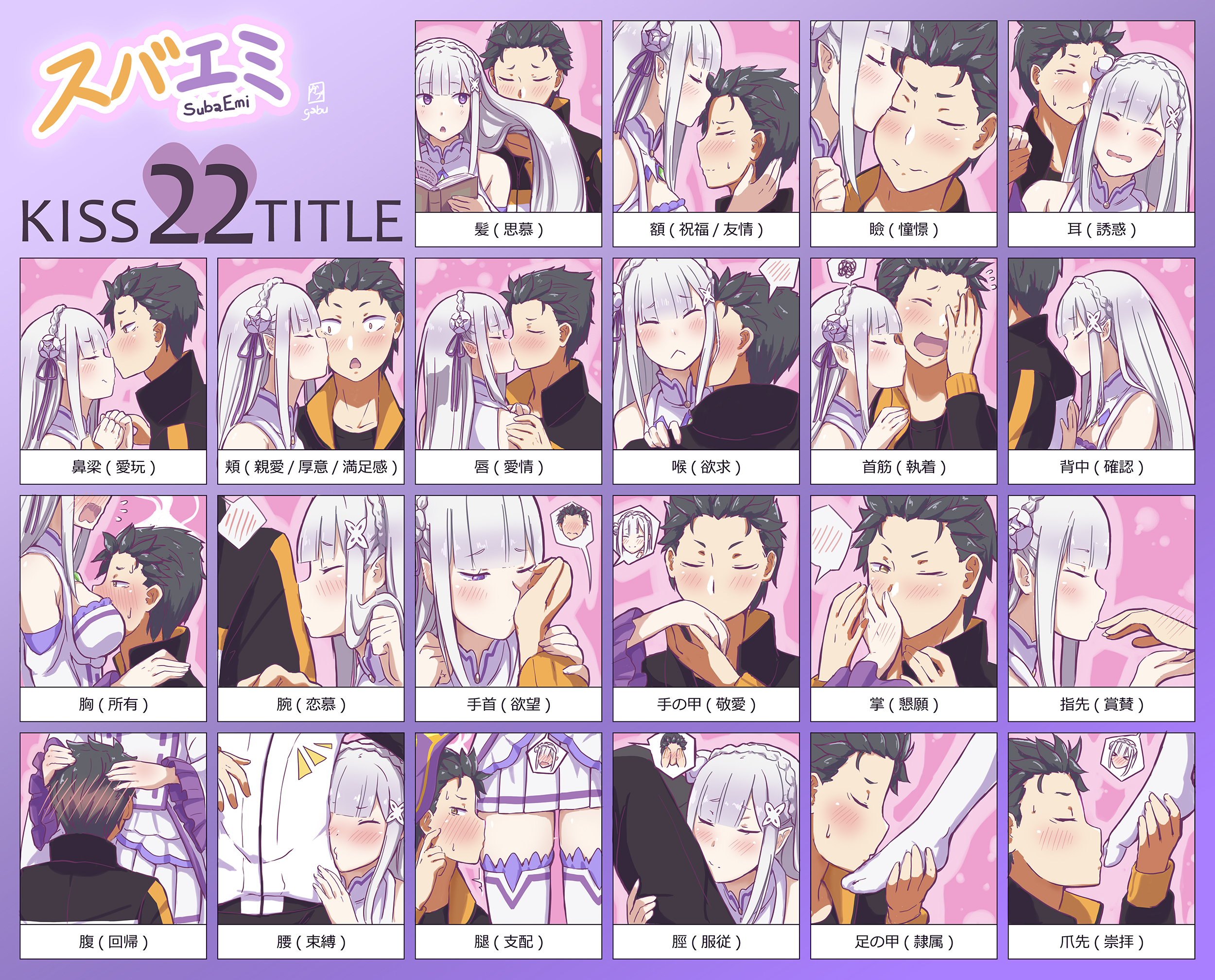 gabuillust, emilia (re:zero), natsuki subaru, re:zero kara hajimeru isekai seikatsu, commentary request, highres, 1boy, 1girl, bare shoulders, between breasts, black hair, blunt bangs, blush, braid, breasts, closed eyes, closed mouth, couple, crown braid, dress, embarrassed, face between breasts, flower, flying sweatdrops, grey hair, hair flower, hair ornament, hand blush, head between breasts, hetero, holding another's hair, jacket, kiss, kiss chart, kissing arm, kissing back, kissing breast, kissing cheek, kissing ear, kissing eye, kissing foot, kissing forehead, kissing hair, kissing hand, kissing leg, kissing neck, kissing nose, kissing stomach, kissing thigh, long hair, multiple drawing challenge, notice lines, open mouth, pantyhose, purple eyes, short hair, sidelocks, spoken blush, spoken character, spoken squiggle, squiggle, track jacket, very long hair, very short hair, white dress, white flower, white pantyhose