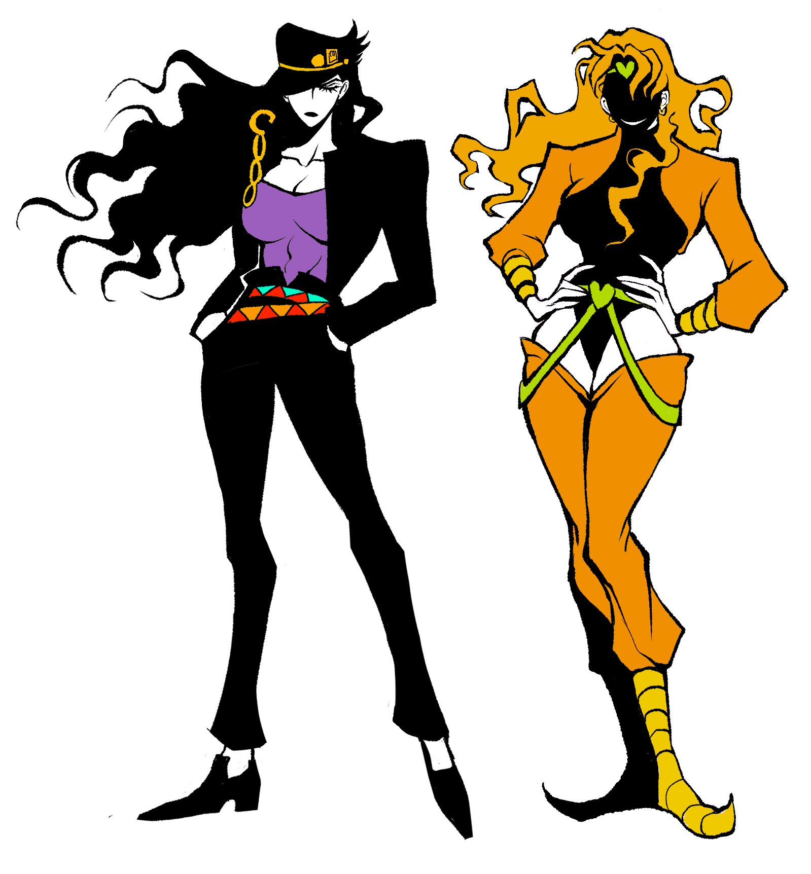 clamchowder55, dio brando, kuujou joutarou, jojo no kimyou na bouken, stardust crusaders, pointy footwear, commentary request, highres, korean commentary, 2girls, belt, black hair, black hat, black jacket, black leotard, black lips, black pants, black shoes, blonde hair, bracelet, breasts, chain, cleavage, crotchless, earrings, flat color, gakuran, genderswap, genderswap (mtf), gold bracelet, gold chain, green belt, green headband, green suspenders, hands in pockets, hands on own hips, hat, headband, heart ornament, high collar, jacket, jewelry, large breasts, leotard, long hair, makeup, multiple belts, multiple girls, orange jacket, orange pants, pants, peaked cap, purple shirt, school uniform, shaded face, shirt, shoes