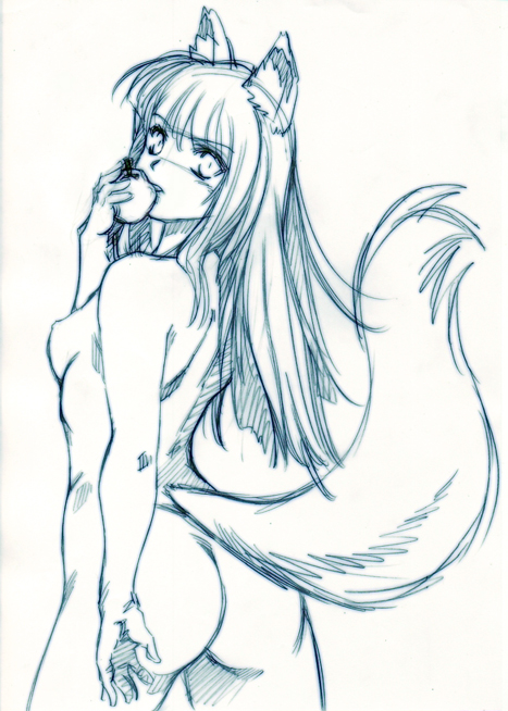 hisahiko, holo, spice and wolf, 00s, 1girl, animal ears, apple, ass, breasts, eating, female focus, food, fruit, holding, holding food, holding fruit, monochrome, nude, small breasts, solo, tail, wolf ears, wolf tail
