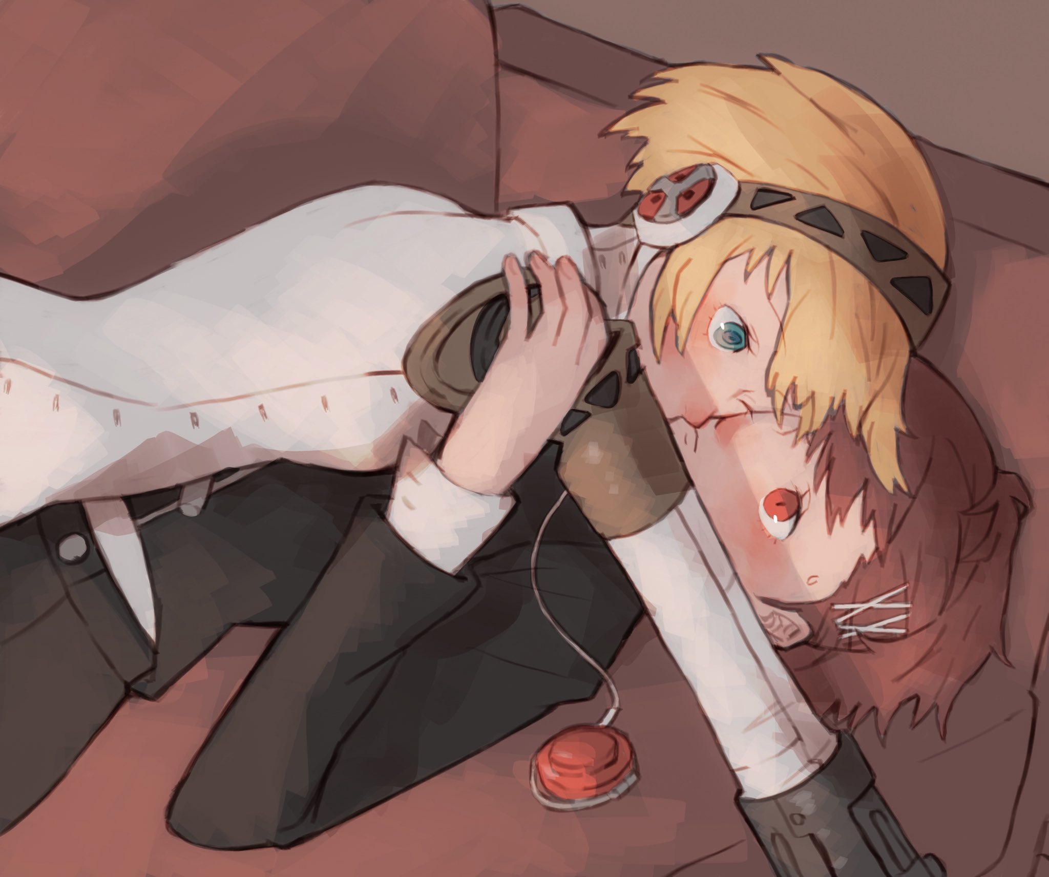 tbjj1208, aigis (persona), shiomi kotone, persona, persona 3, persona 3 portable, commentary, english commentary, highres, 2girls, android, black jacket, black skirt, blonde hair, blue eyes, blush, brown hair, cheek-to-cheek, closed mouth, earphones removed, gekkoukan high school uniform, hair ornament, hairclip, heads together, hug, jacket, joints, looking at another, lying, lying on person, multiple girls, on back, on stomach, one eye closed, red eyes, robot joints, school uniform, short hair, skirt, sweatdrop, upper body, yuri