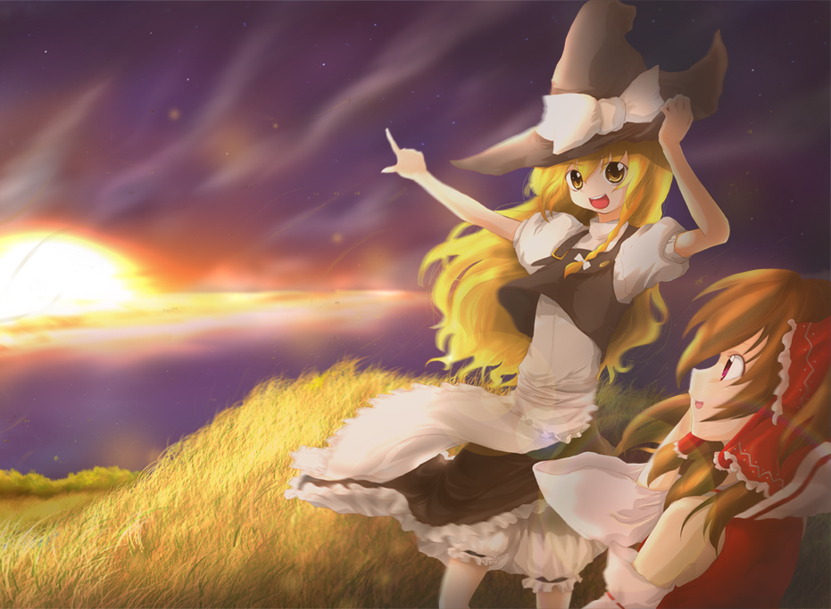 minatsuki randoseru, hakurei reimu, kirisame marisa, touhou, 2girls, blonde hair, bow, braid, brown hair, detached sleeves, female focus, hair bow, hand on headwear, hat, long hair, multiple girls, open mouth, outstretched arm, pointing, red eyes, short hair, side braid, smile, sunrise, wind, witch hat, yellow eyes