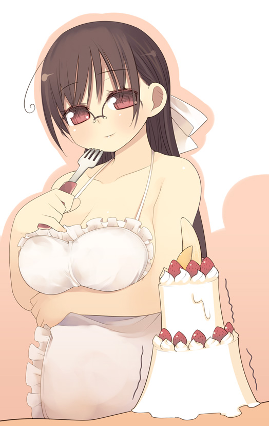 kashiwamochi yomogi, arima senne, original, 1girl, apron, breasts, brown hair, cake, female focus, food, fork, fruit, glasses, large breasts, long hair, looking at viewer, naked apron, pastry, solo, strawberry