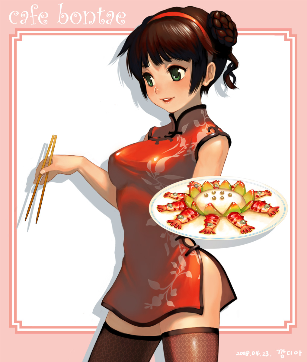 kamdia, original, highres, 1girl, ass, breasts, brown hair, china dress, chinese clothes, chopsticks, double bun, dress, female focus, food, green eyes, hair bun, hairband, shadow, shirt, side slit, solo, taut clothes, taut shirt, thighhighs, waitress