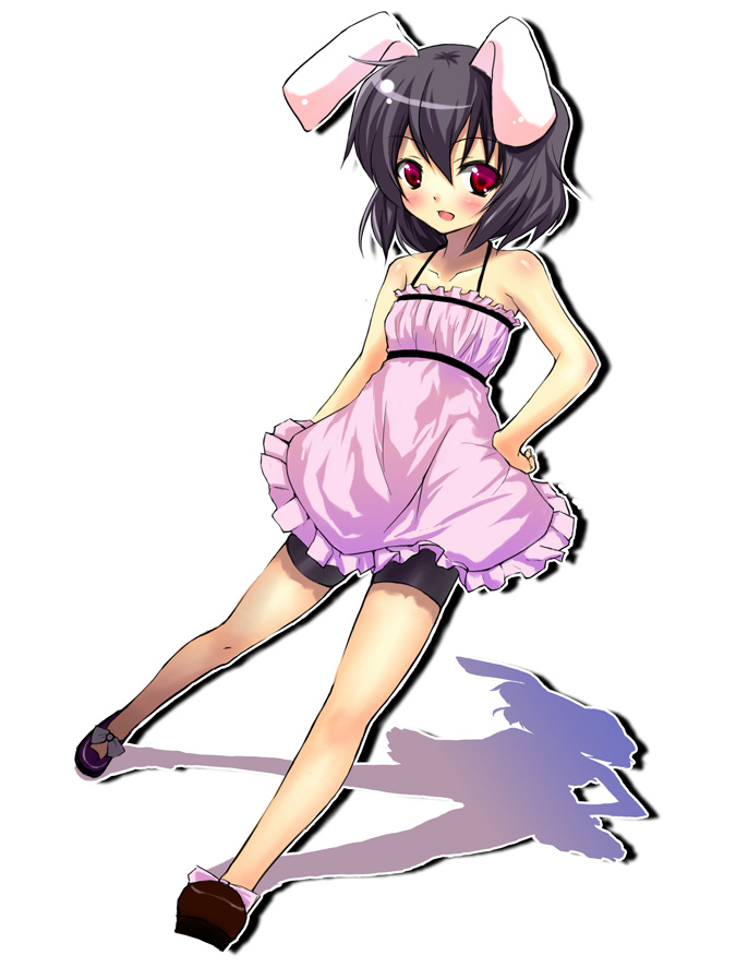 tsujigiri, inaba tewi, touhou, 1girl, animal ears, bike shorts, black hair, blush, collarbone, dress, female focus, full body, hand on own hip, looking at viewer, mary janes, rabbit ears, red eyes, shadow, shoes, short hair, solo, white background