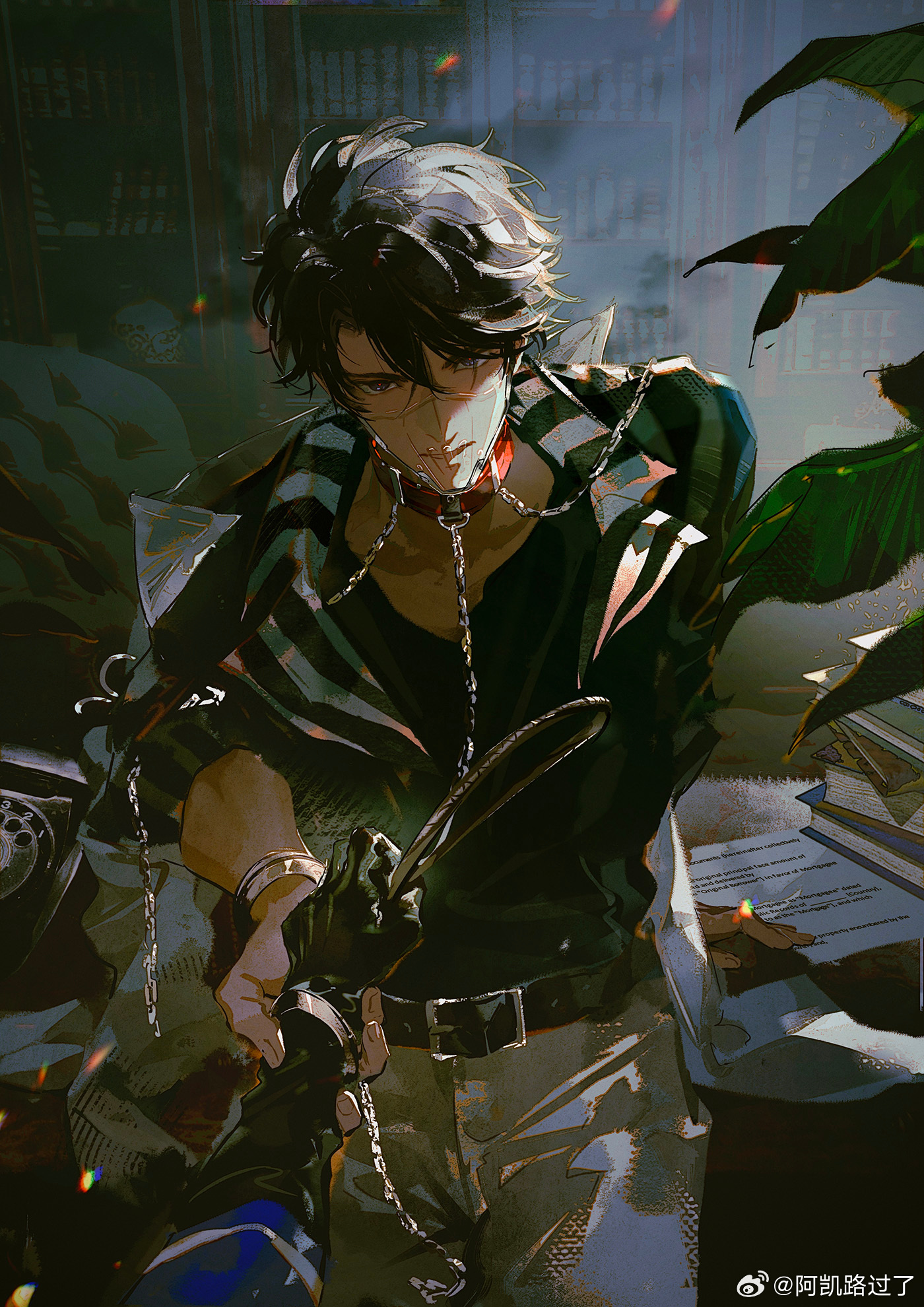 akai 999, love and producer, chinese commentary, highres, 1boy, antique phone, arm support, belt, belt buckle, black belt, black eyes, black gloves, black hair, black jacket, black shirt, book, book stack, bookshelf, buckle, chain, chain leash, chair, closed mouth, collar, collarbone, colored lapels, cowboy shot, cuffs, curtained hair, gloves, grey pants, hair between eyes, handcuffs, holding, holding another's wrist, holding whip, indoors, jacket, lapels, leaning on table, leash, li zeyan, long sleeves, looking at viewer, male focus, mask, mouth mask, notched lapels, open clothes, open jacket, pants, paper, parted lips, phone, plant, pov, pov hands, prison clothes, red collar, red pupils, rotary phone, see-through clothes, see-through mask, shared handcuffs, shirt, short hair, sleeves rolled up, solo, striped clothes, swept bangs, table, v-shaped eyebrows, watermark, weibo watermark