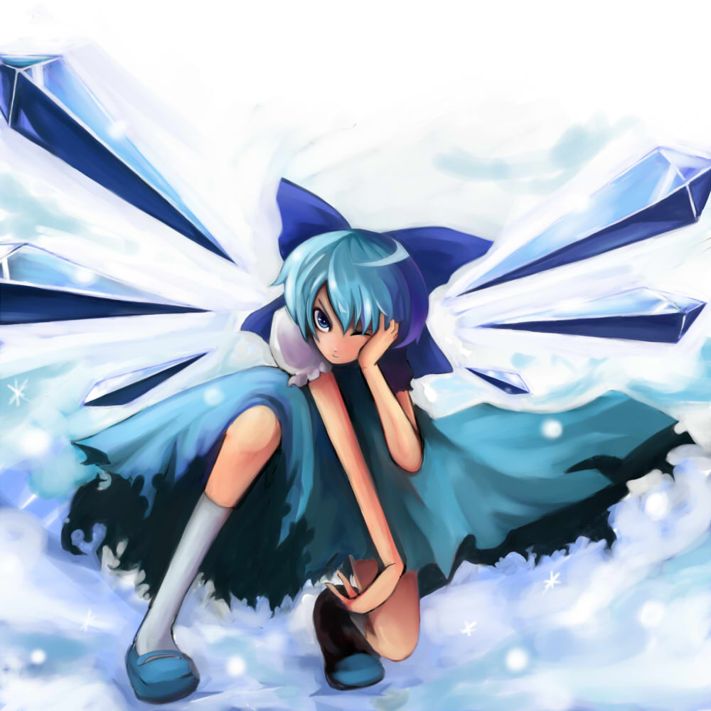 enisuke, cirno, touhou, 1girl, blue eyes, blue hair, dress, female focus, full body, gradient background, matching hair/eyes, ribbon, solo, white background, wings