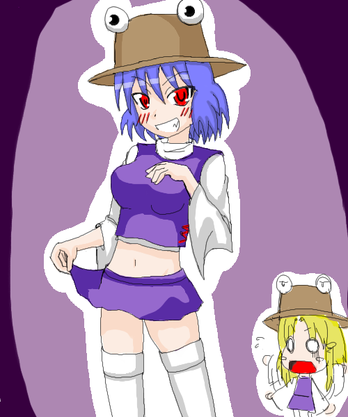 moriya suwako, yasaka kanako, touhou, 2girls, blonde hair, cosplay, female focus, hat, moriya suwako (cosplay), multiple girls, red eyes, skirt, thighhighs
