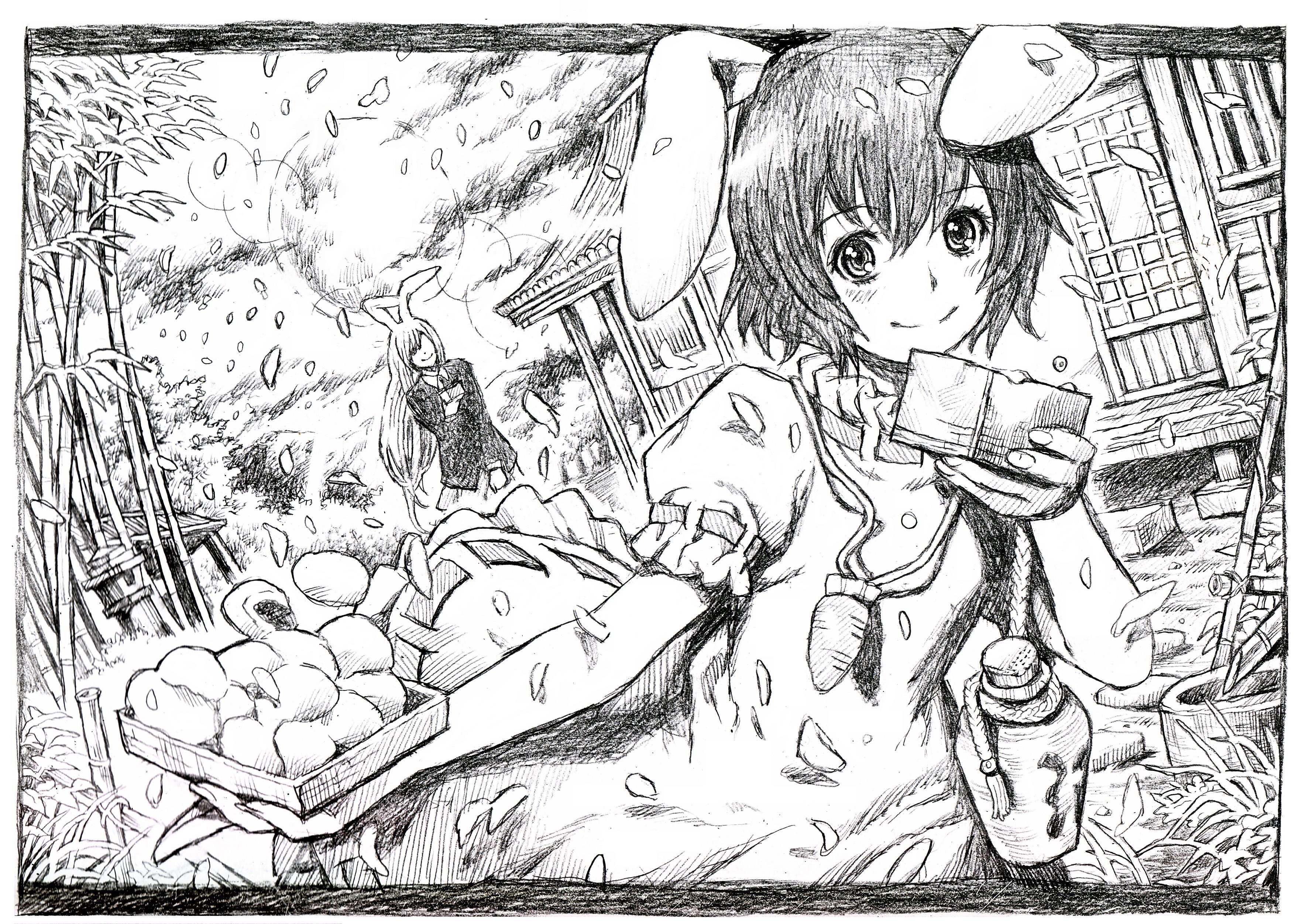 nobita (makoto7060355), inaba tewi, reisen udongein inaba, touhou, absurdres, bad id, bad pixiv id, highres, 2girls, animal ears, dress, female focus, greyscale, monochrome, multiple girls, nature, outdoors, plant, rabbit ears, skirt, sky