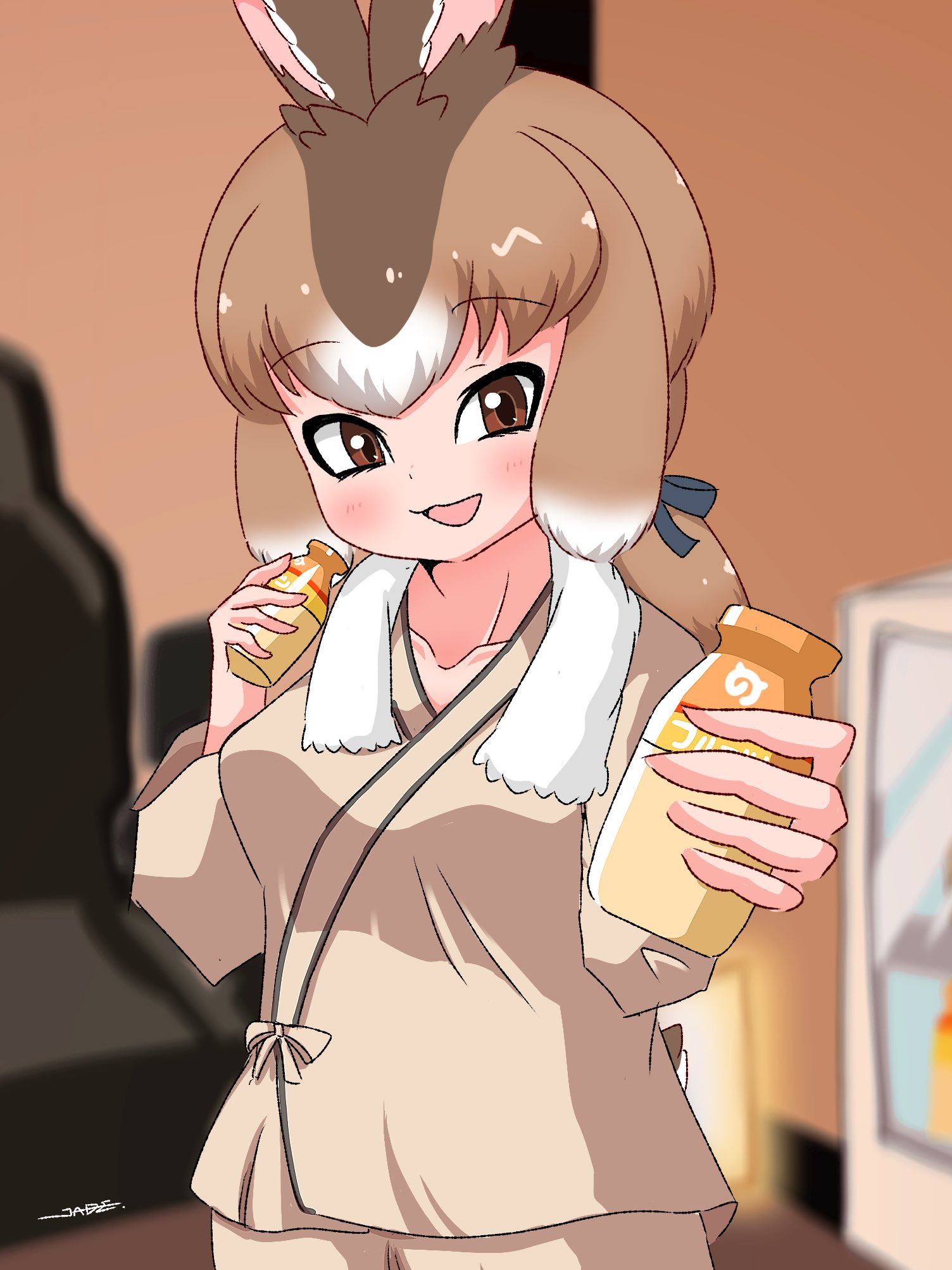 tegran, japanese hare (kemono friends), kemono friends, highres, 1girl, :3, alternate costume, animal ears, blush, bottle, brown eyes, brown hair, brown pants, brown shirt, casual, hair between eyes, hair tie, looking at viewer, milk bottle, multicolored hair, open mouth, pants, rabbit ears, rabbit girl, shirt, short hair, short sleeves, sidelocks, smile, solo, towel, towel around neck, white hair