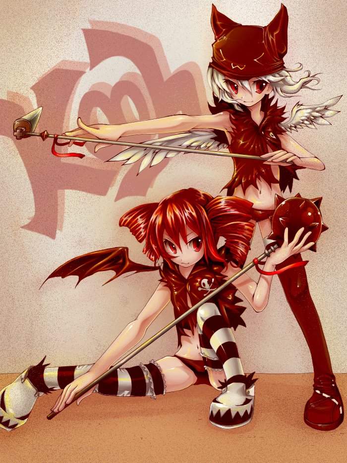 mosho, kooh (pangya), pangya, striped legwear, animal hat, bat wings, cat hat, hat, panties, red hair, striped clothes, striped thighhighs, thighhighs, underwear, wings