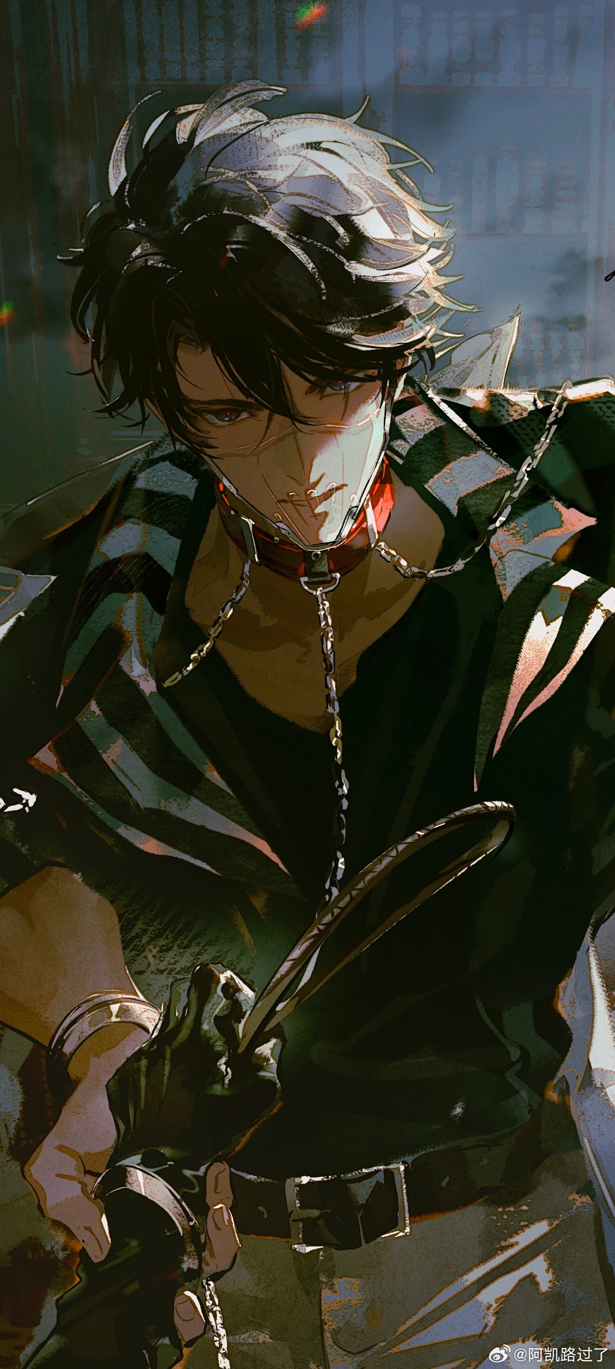 akai 999, love and producer, absurdres, chinese commentary, highres, 1boy, belt, belt buckle, black belt, black eyes, black gloves, black hair, black jacket, black shirt, bookshelf, buckle, chain, chain leash, closed mouth, collar, collarbone, colored lapels, cowboy shot, cuffs, curtained hair, gloves, grey pants, hair between eyes, handcuffs, holding, holding another's wrist, holding whip, indoors, jacket, lapels, leash, li zeyan, long sleeves, looking at viewer, male focus, mask, mouth mask, notched lapels, open clothes, open jacket, pants, parted lips, pov, pov hands, prison clothes, red collar, red pupils, see-through clothes, see-through mask, shared handcuffs, shirt, short hair, sleeves rolled up, solo, striped clothes, swept bangs, v-shaped eyebrows, watermark, weibo watermark