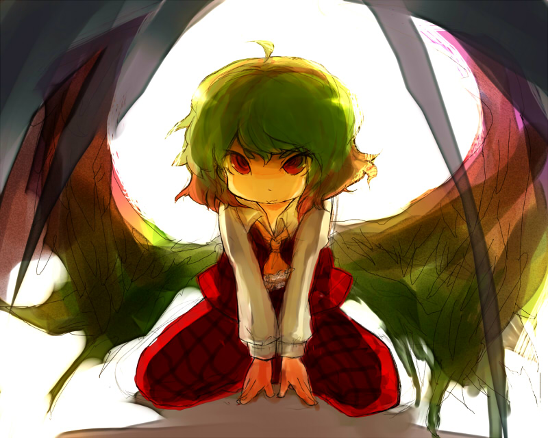k no hito, kazami yuuka, kazami yuuka (seihou), seihou, touhou, 1girl, :3, ascot, chibi, female focus, green hair, plaid clothes, plaid skirt, plaid vest, skirt, skirt set, solo, vest, white background, wings