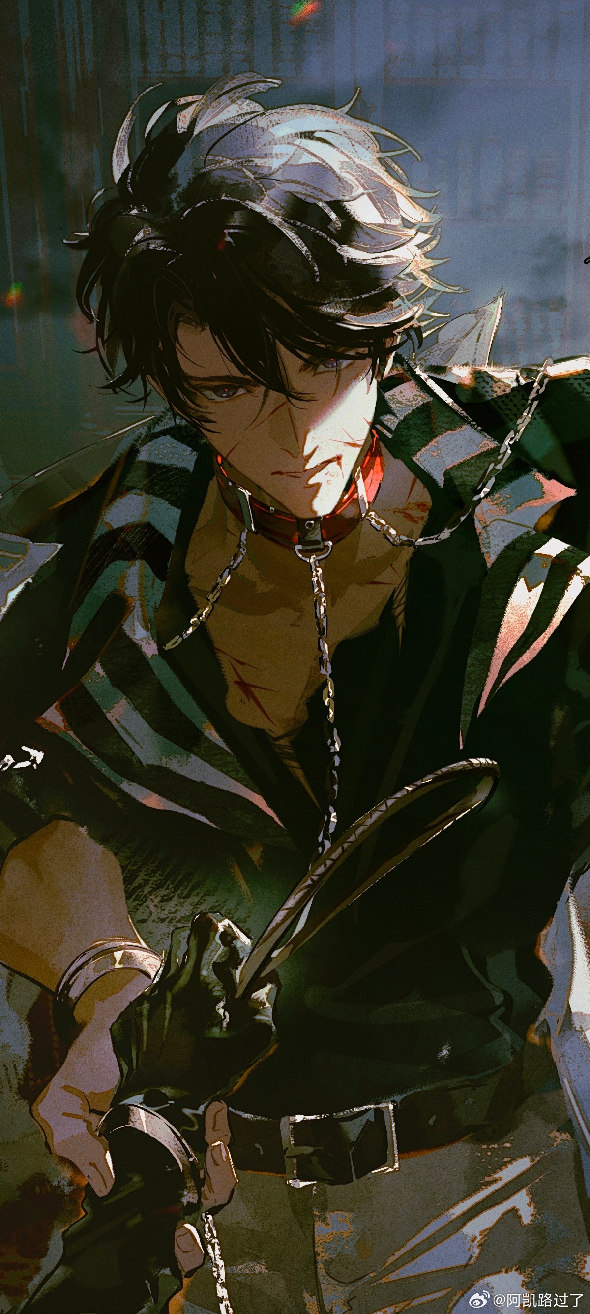 akai 999, love and producer, absurdres, chinese commentary, highres, 1boy, belt, belt buckle, black belt, black eyes, black gloves, black hair, black jacket, black shirt, blood, blood from mouth, bookshelf, buckle, chain, chain leash, closed mouth, collar, collarbone, colored lapels, cowboy shot, cuffs, curtained hair, cuts, gloves, grey pants, hair between eyes, handcuffs, holding, holding another's wrist, holding whip, indoors, injury, jacket, lapels, leash, li zeyan, long sleeves, looking at viewer, male focus, notched lapels, open clothes, open jacket, pants, parted lips, pov, pov hands, prison clothes, red collar, red pupils, shared handcuffs, shirt, short hair, sleeves rolled up, solo, striped clothes, swept bangs, v-shaped eyebrows, watermark, weibo watermark