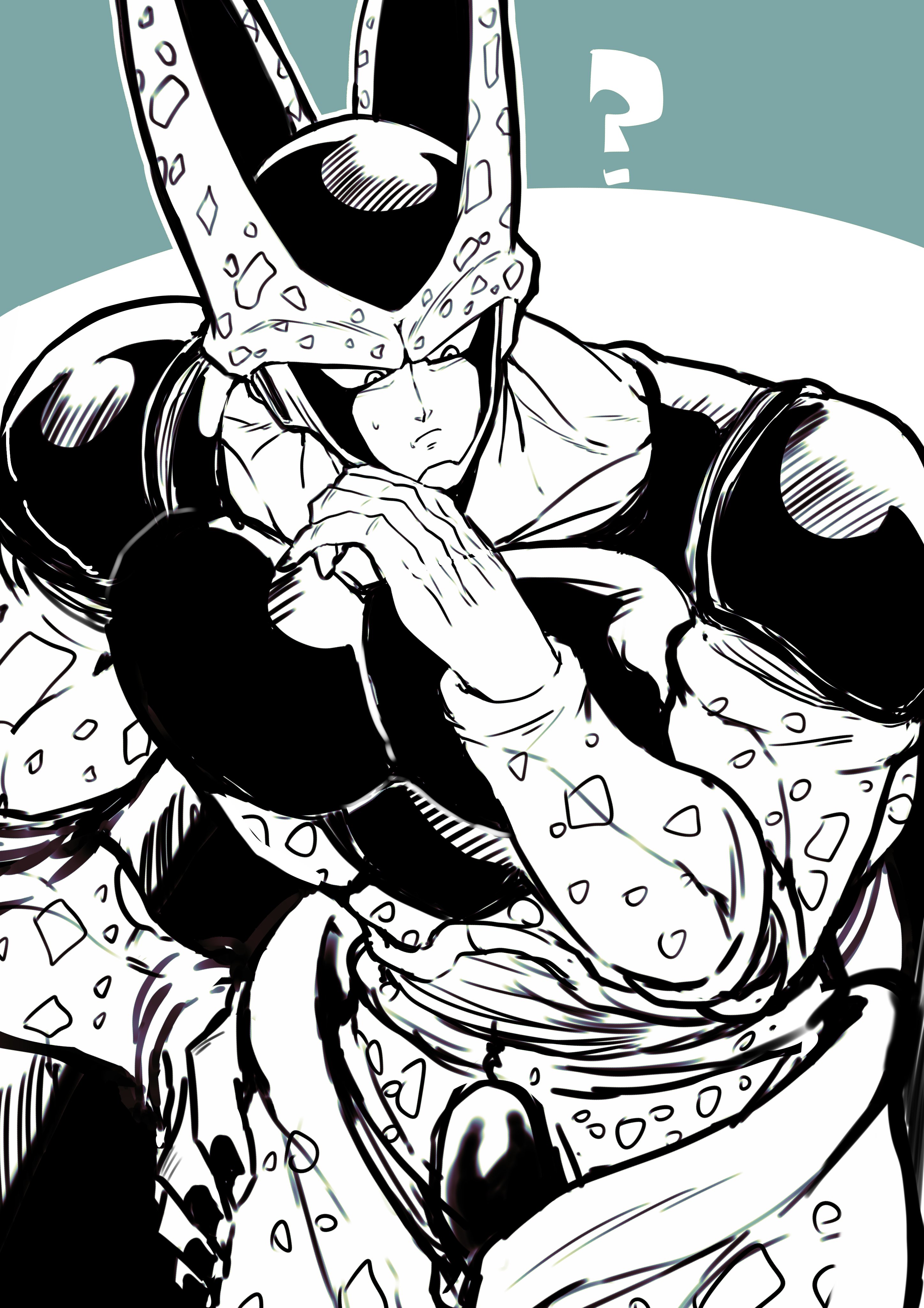 otyumamii, cell (dragon ball), perfect cell, dragon ball, dragonball z, absurdres, commentary request, highres, 1boy, ?, android, aqua background, arthropod boy, covered pectorals, cowboy shot, frown, greyscale with colored background, hand on own hip, low wings, male focus, monster boy, muscular, muscular male, pectorals, sketch, solo, spotted skin, sweatdrop, white background, wings