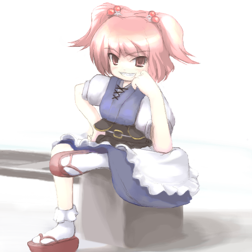 tsubasa (abchipika), onozuka komachi, touhou, lowres, 1girl, breasts, female focus, geta, hair bobbles, hair ornament, japanese clothes, kimono, large breasts, looking at viewer, obi, okobo, platform sandals, red eyes, red hair, rock, sandals, sash, short hair, simple background, sitting, socks, solo, tabi, twintails, two side up, underbust, white background, white socks
