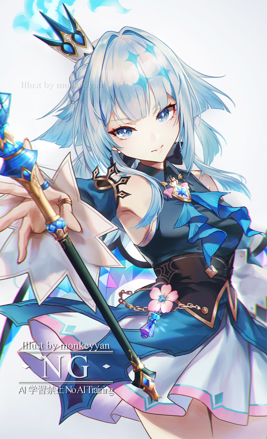 monkeyyan, cerydra (honkai: star rail), honkai: star rail, honkai (series), highres, 1girl, armpits, blue dress, blue eyes, blue hair, braid, breasts, closed mouth, collared dress, crown, detached sleeves, diamond-shaped pupils, diamond (shape), dress, holding, holding wand, long hair, long sleeves, looking at viewer, medium breasts, mini crown, simple background, solo, symbol-shaped pupils, wand, white background, white hair, wings