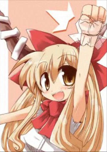 shirogane (platinum), ibuki suika, touhou, lowres, 1girl, arm up, clenched hand, female focus, horns, raised fist, ribbon, solo