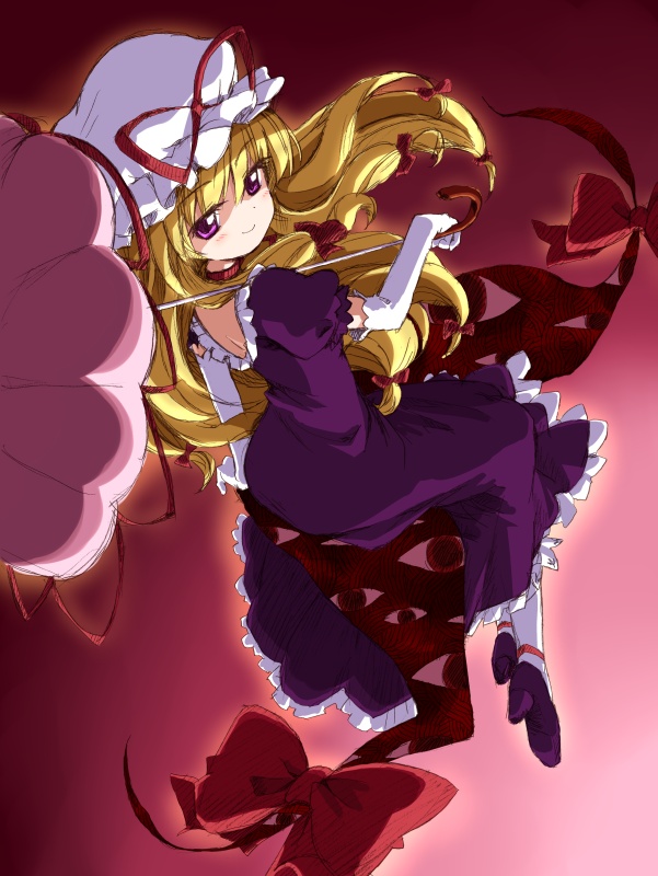 yakumo yukari, touhou, 1girl, dress, female focus, full body, gap (touhou), gradient background, hat, ribbon, solo, umbrella