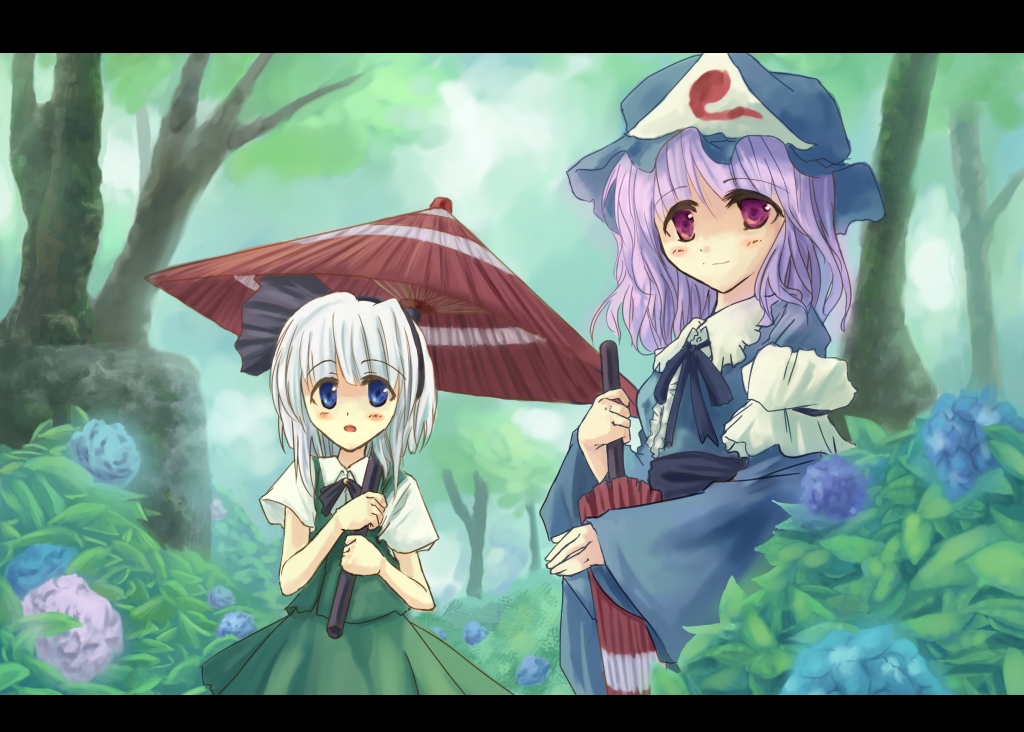 konpaku youmu, saigyouji yuyuko, touhou, 2girls, blue eyes, female focus, flower, hairband, hat, hydrangea, japanese clothes, kimono, letterboxed, multiple girls, oil-paper umbrella, pink hair, red eyes, umbrella, white hair