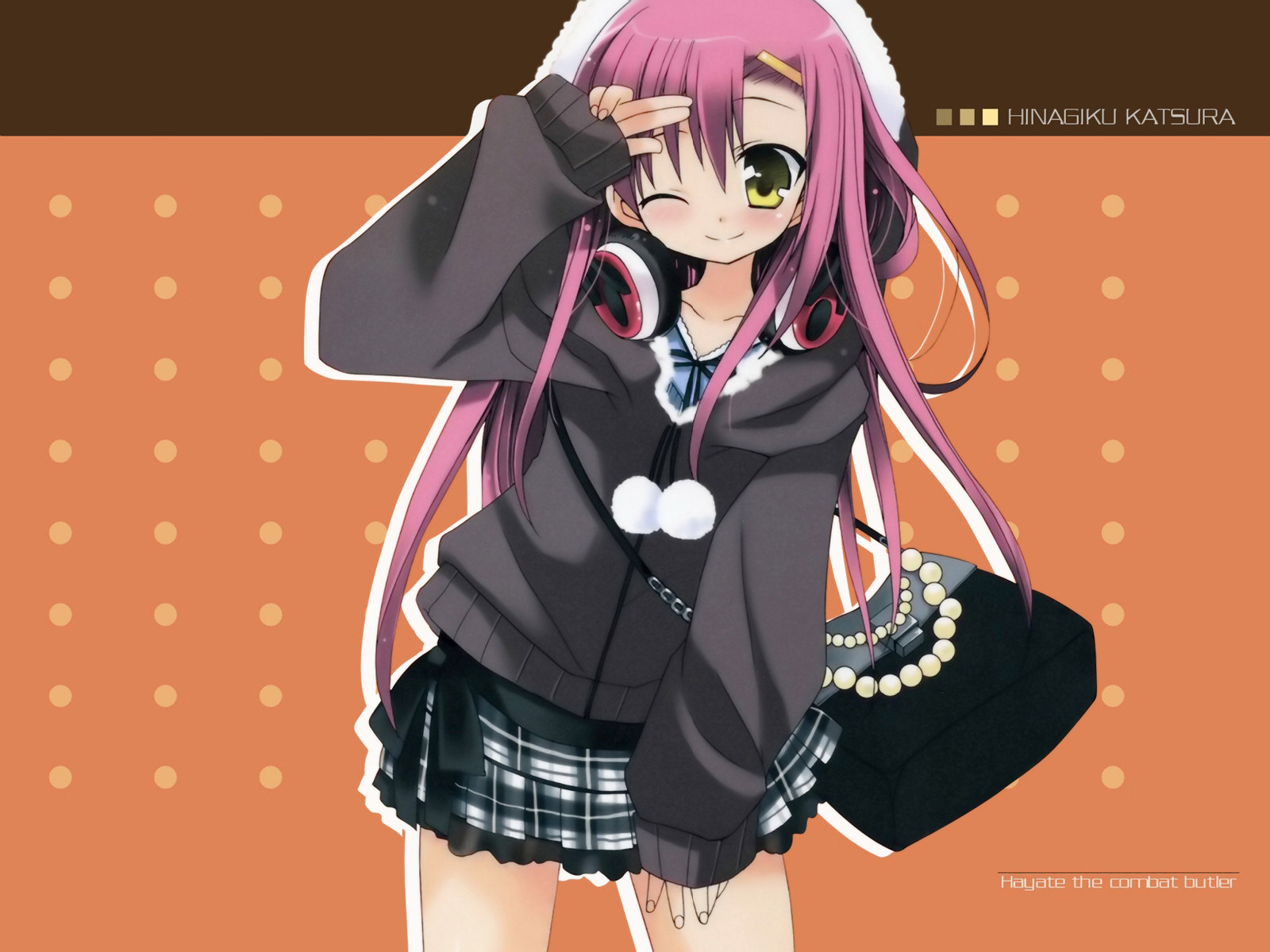 araki kanao, katsura hinagiku, hayate no gotoku!, highres, 00s, 1girl, bag, black cardigan, black skirt, blue shirt, blush, cardigan, collarbone, hair ornament, hairclip, handbag, headphones, headphones around neck, long hair, long sleeves, looking at viewer, one eye closed, orange background, pink hair, plaid clothes, plaid skirt, shirt, skirt, smile, standing, v, wink, yellow eyes
