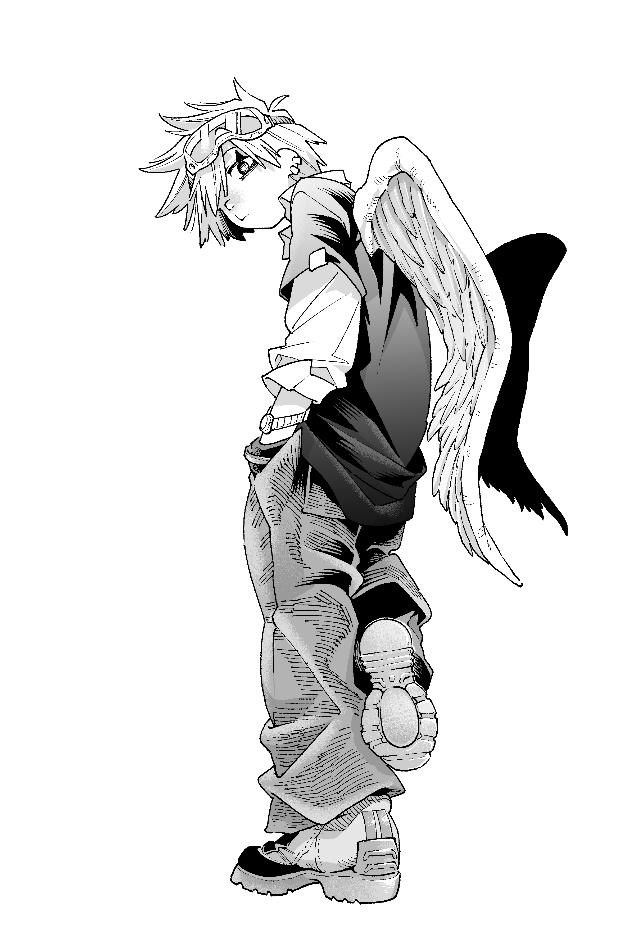 gavucchi, original, absurdres, highres, 1girl, closed mouth, collared shirt, earrings, feathered wings, from behind, full body, goggles, goggles on head, greyscale, hand in pocket, hatching (texture), head down, jewelry, layered shirt, leg up, linear hatching, long sleeves, looking at viewer, looking back, monochrome, pants, parted bangs, shirt, shoe soles, shoes, short hair, short sleeves, simple background, sneakers, solo, spiked hair, standing, standing on one leg, turning head, watch, white background, wings, wristwatch