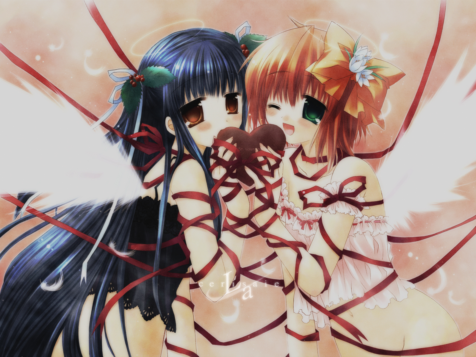 sakurazawa izumi, highres, 2girls, angel wings, black hair, blush, bottomless, bow, chocolate, feathers, green eyes, hair bow, hair ornament, hair ribbon, large bow, long hair, multiple girls, one eye closed, orange hair, ribbon, short hair, valentine, very long hair, wings, wink, yellow eyes