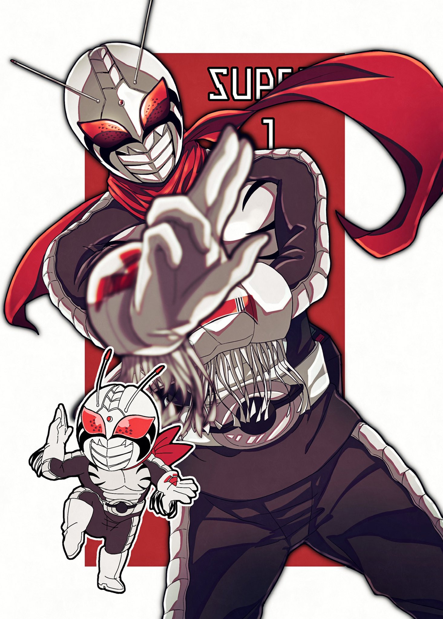 otyumamii, kamen rider super-1, kamen rider, kamen rider super-1 (series), commentary request, highres, 1boy, antennae, armor, blurry, bodysuit, boots, border, chibi, chibi inset, covered pectorals, cowboy shot, depth of field, dual persona, floating clothes, fringe trim, gloves, helmet, looking at viewer, male focus, pectorals, red background, red eyes, red scarf, rider belt, scarf, solo, spot color, tokusatsu, white border