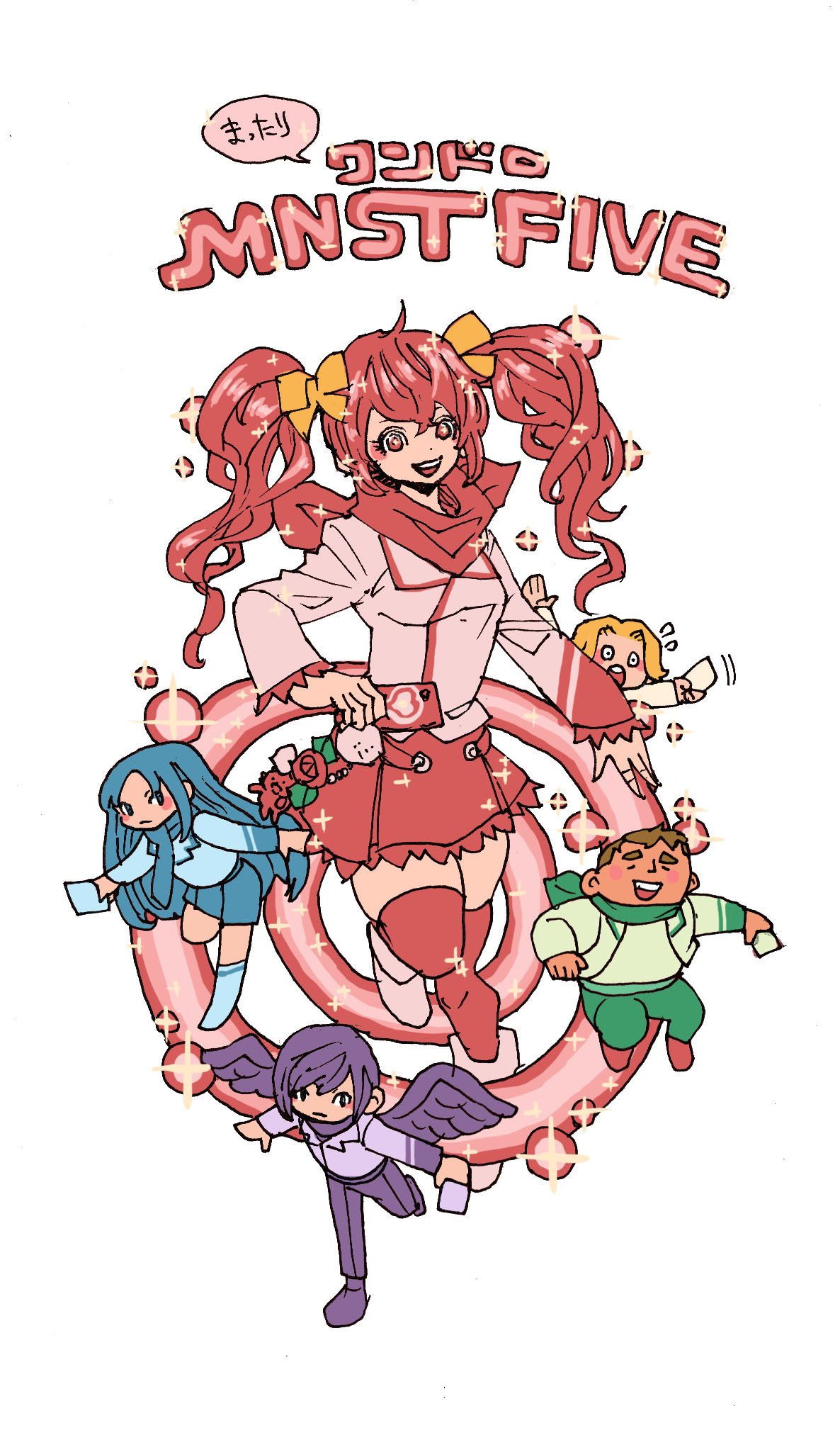 takeuchi ryousuke, monster strike, commentary request, highres, 2girls, 3boys, arms up, blonde hair, blue hair, blue scarf, blush, brown hair, citran golde, full body, holding, holding phone, kal capote, long hair, malya snappe (monster strike), multiple boys, multiple girls, nadisa courant, neckerchief, open mouth, outstretched arms, pants, phone, purple pants, purple wings, rad swagger, red eyes, red hair, red neckerchief, red skirt, scarf, short hair, simple background, skirt, smile, swept bangs, twintails, white background, wings