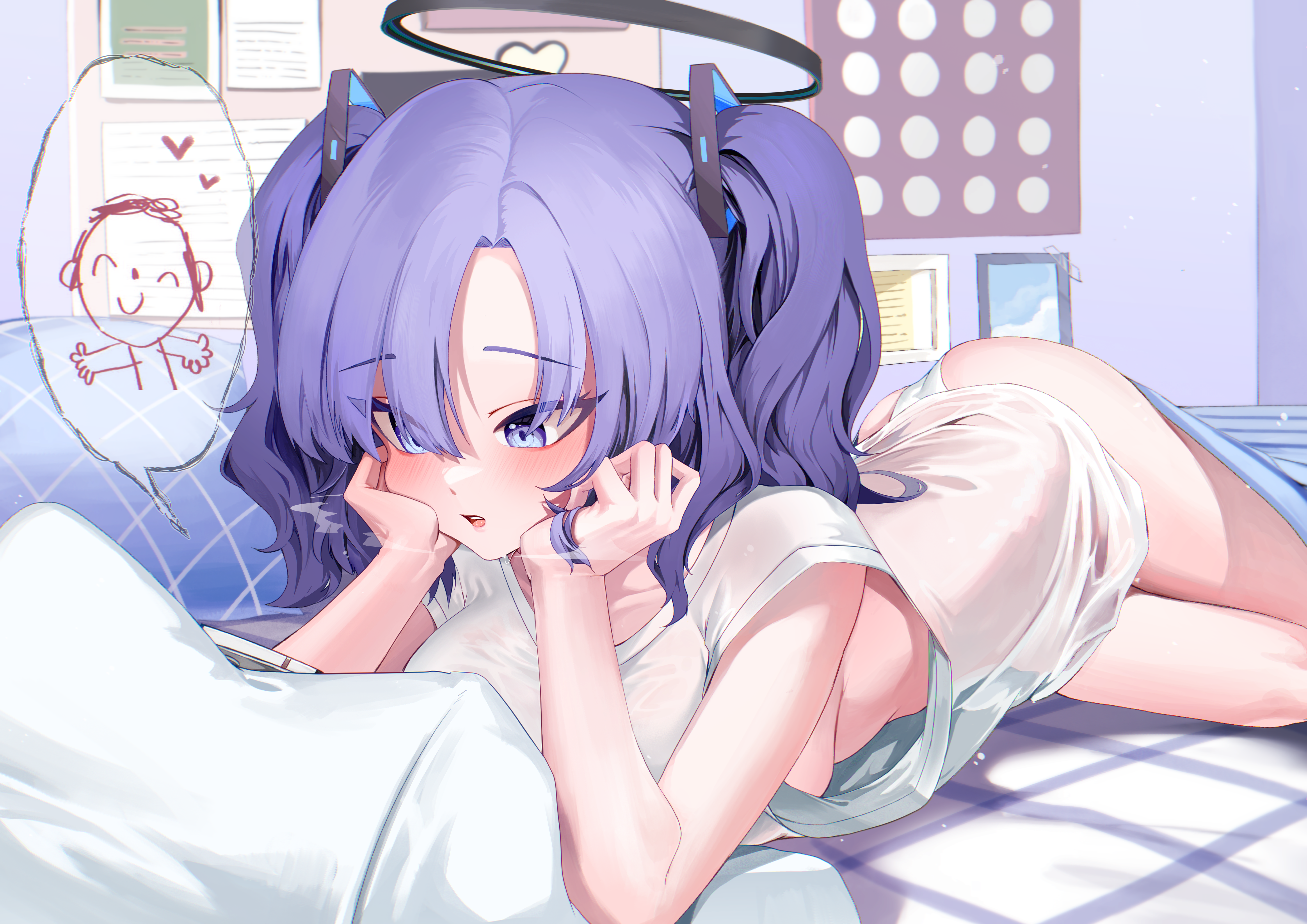 kraken mikan, doodle sensei (blue archive), sensei (blue archive), yuuka (blue archive), blue archive, absurdres, commentary request, highres, 1boy, 1girl, alternate costume, blush, breasts, elbow rest, hair between eyes, hair ornament, halo, hands on own chin, head rest, indoors, large breasts, long hair, looking at phone, lying, mechanical halo, no bra, on side, oversized clothes, oversized shirt, panties, parted lips, phone, pillow, purple eyes, purple hair, shirt, short sleeves, sideboob, speech bubble, teeth, triangle hair ornament, twintails, underwear, upper teeth only, white panties, white shirt, wide sleeves
