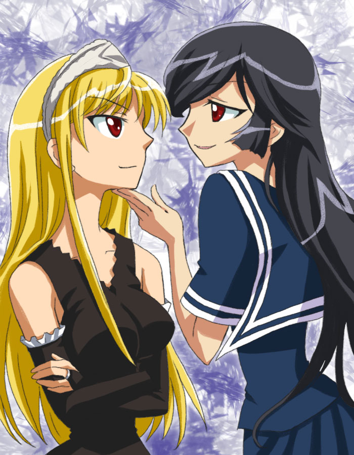 onyx (artist), hime (kaibutsu oujo), kamura reiri, kaibutsu oujo, 00s, 2girls, black dress, black hair, blonde hair, bridal gauntlets, dress, eye contact, female focus, grabbing another's chin, happy, headdress, long hair, looking at another, multiple girls, naughty face, red eyes, school uniform, serafuku, smile, tiara, vampire, yuri