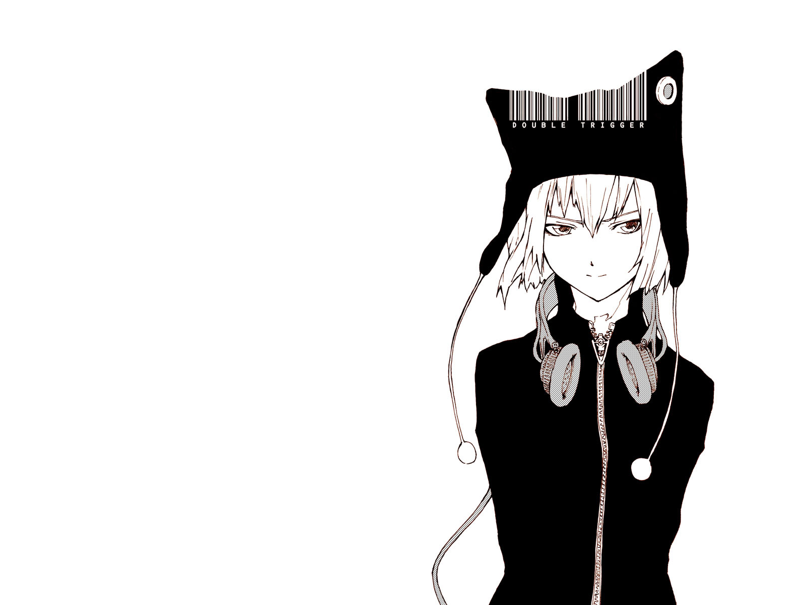 gou (double trigger), original, highres, 1girl, animal hat, barcode, female focus, greyscale, hat, headphones, headphones around neck, monochrome, short hair, simple background, solo, zipper