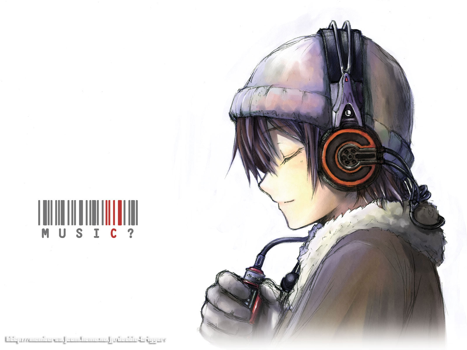 gou (double trigger), original, highres, barcode, beanie, cable, closed eyes, digital media player, digital walkman, english text, gloves, grey hat, hat, headphones, listening to music, short hair, simple background, solo, watermark, web address, white background