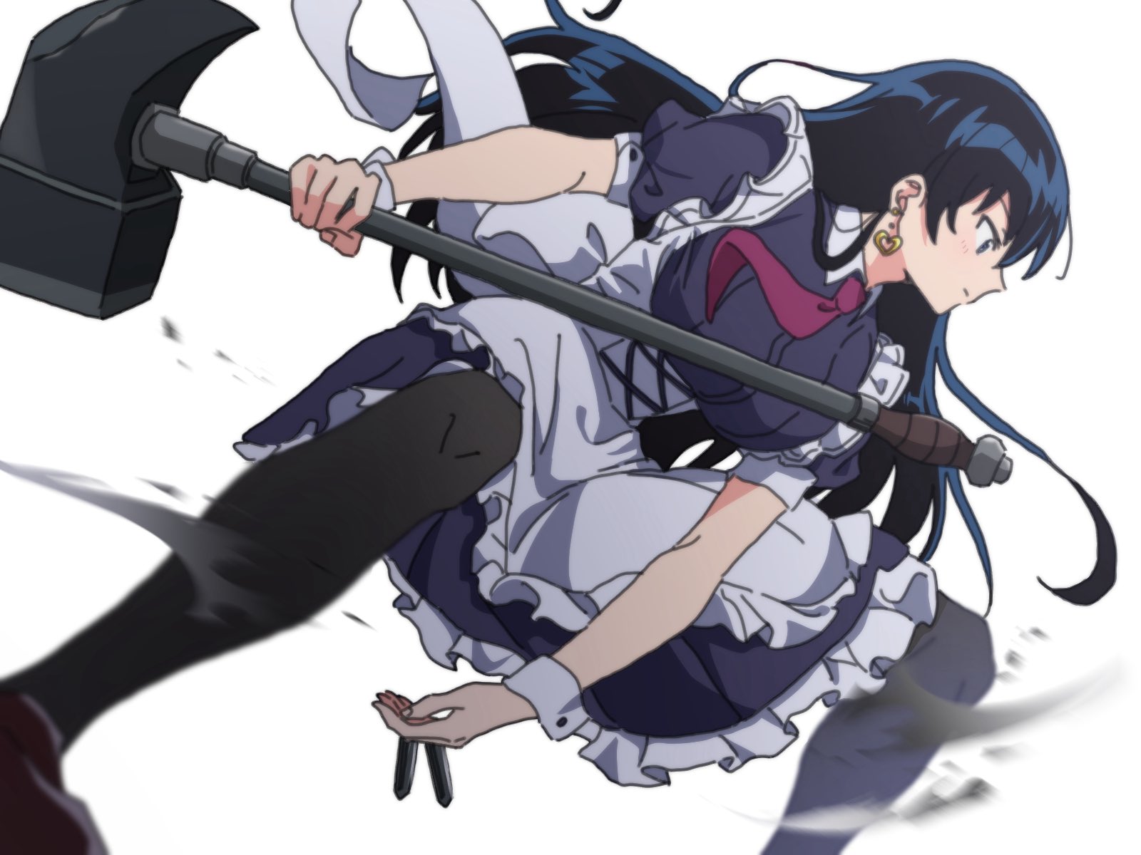 arato nagi, ruri no houseki, commentary request, highres, 1girl, apron, black dress, black hair, black pantyhose, blue eyes, dress, earrings, feet out of frame, fighting stance, from side, ha shi ri, hammer, heart, heart earrings, holding, holding hammer, holding nail, jewelry, leaning forward, long hair, maid, maid apron, nail (hardware), official alternate costume, pantyhose, profile, short sleeves, simple background, solo, spread legs, standing, war hammer, weapon, white background