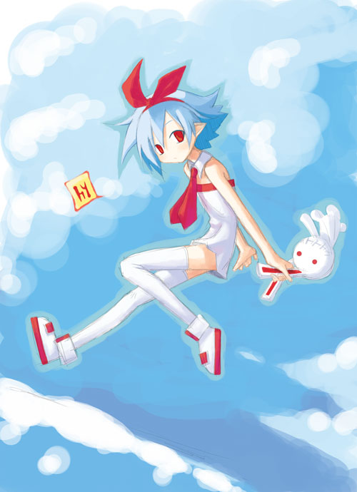 gou (double trigger), pleinair, usagi-san, disgaea, makai senki disgaea 2, makai senki disgaea 3, nippon ichi, original, phantom brave, 1girl, blue hair, day, female focus, hair ribbon, necktie, rabbit, red eyes, ribbon, short hair, sky, solo, stuffed animal, stuffed rabbit, stuffed toy, thighhighs, zettai ryouiki