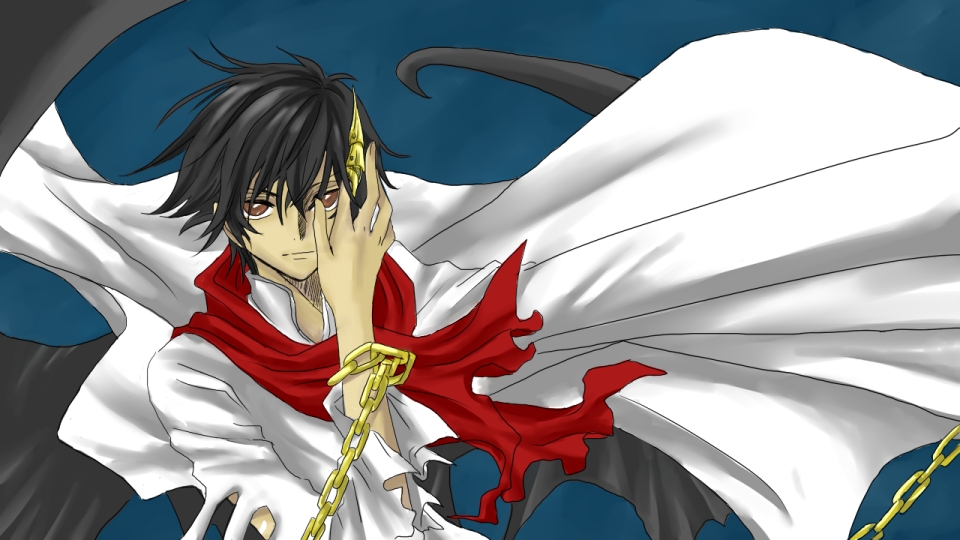 setsuna f. seiei, code geass, gundam, gundam 00, derivative work, non-web source, 1boy, black hair, chain, gradient background, male focus, parody, red eyes, scarf, solo, torn clothes, wings