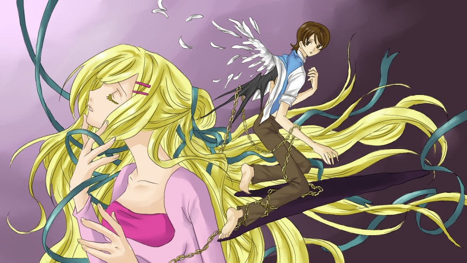 louise halevy, saji crossroad, code geass, gundam, gundam 00, derivative work, non-web source, asymmetrical wings, barefoot, blonde hair, brown eyes, brown hair, chain, closed eyes, hair ornament, hairclip, long hair, parody, ribbon, wings