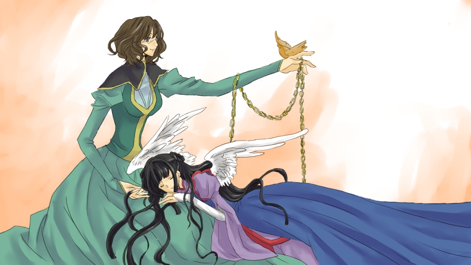 marina ismail, shirin bakhtiar, code geass, gundam, gundam 00, derivative work, non-web source, 2girls, angel wings, bird, black hair, bridal gauntlets, brown hair, chain, dress, glasses, gradient background, lap pillow, multiple girls, parody, sleeping, wings