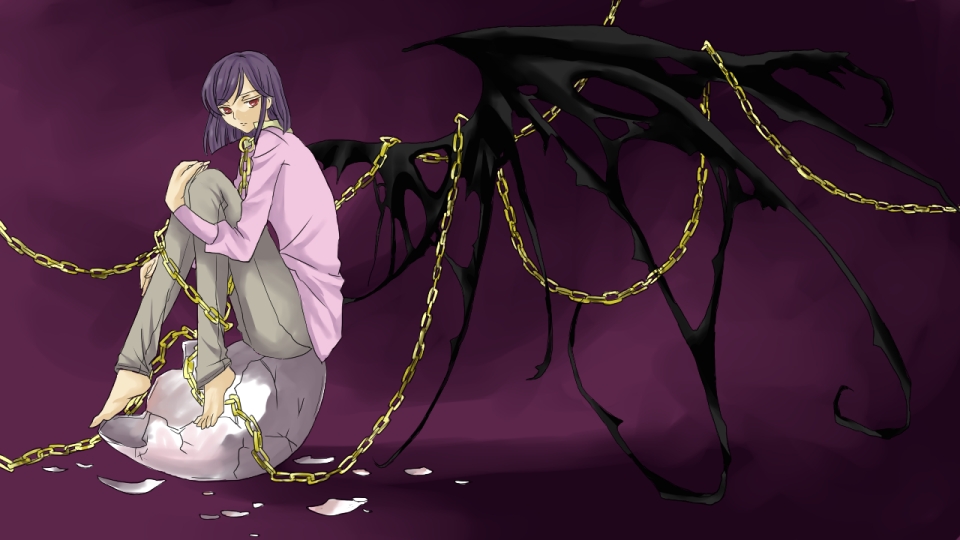 tieria erde, code geass, gundam, gundam 00, artist request, derivative work, non-web source, third-party edit, 1boy, androgynous, barefoot, black wings, chain, egg, eggshell, feet, hugging own legs, male focus, parody, purple hair, red eyes, short hair, solo, toes, trap, wings