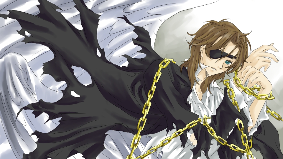 lockon stratos, neil dylandy, code geass, gundam, gundam 00, derivative work, non-web source, 1boy, chain, eyepatch, male focus, parody, solo, wings