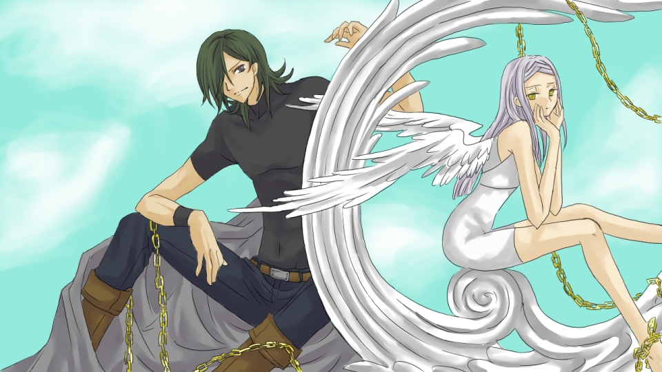allelujah haptism, soma peries, code geass, gundam, gundam 00, derivative work, non-web source, 1boy, 1girl, chain, parody, wings