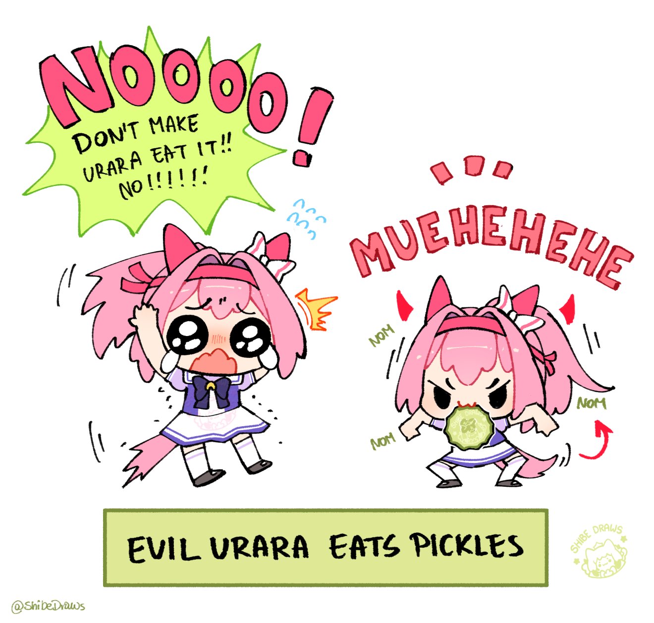 shibedraws, haru urara (umamusume), umamusume, commentary, english commentary, highres, 2girls, :3, ^^^, animal ears, blue trim, bow, chibi, chibi only, demon horns, demon tail, dual persona, ear bow, english text, flying sweatdrops, hair intakes, headband, horns, horse ears, horse girl, horse tail, horseshoe ornament, light blush, motion lines, multiple girls, narration, o o, pickle, pink hair, ponytail, red headband, school uniform, simple background, skirt, speech bubble, tail, tearing up, thighhighs, tracen school uniform, twitter username, v-shaped eyebrows, watermark, white background, white bow, white skirt, white thighhighs, zettai ryouiki