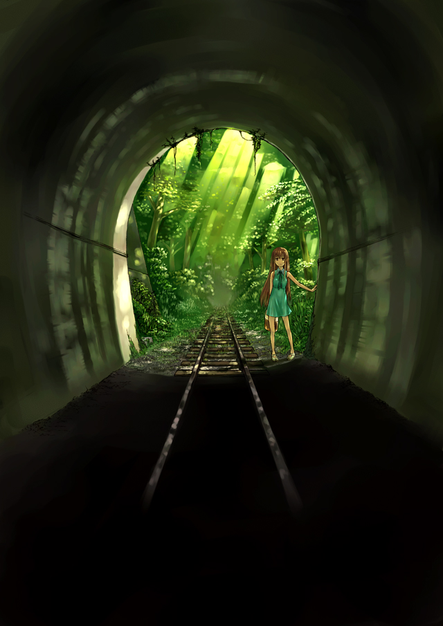 gou (double trigger), original, 1girl, brown hair, dress, female focus, forest, light rays, long hair, nature, railroad tracks, scenery, solo, sunbeam, sunlight, tunnel
