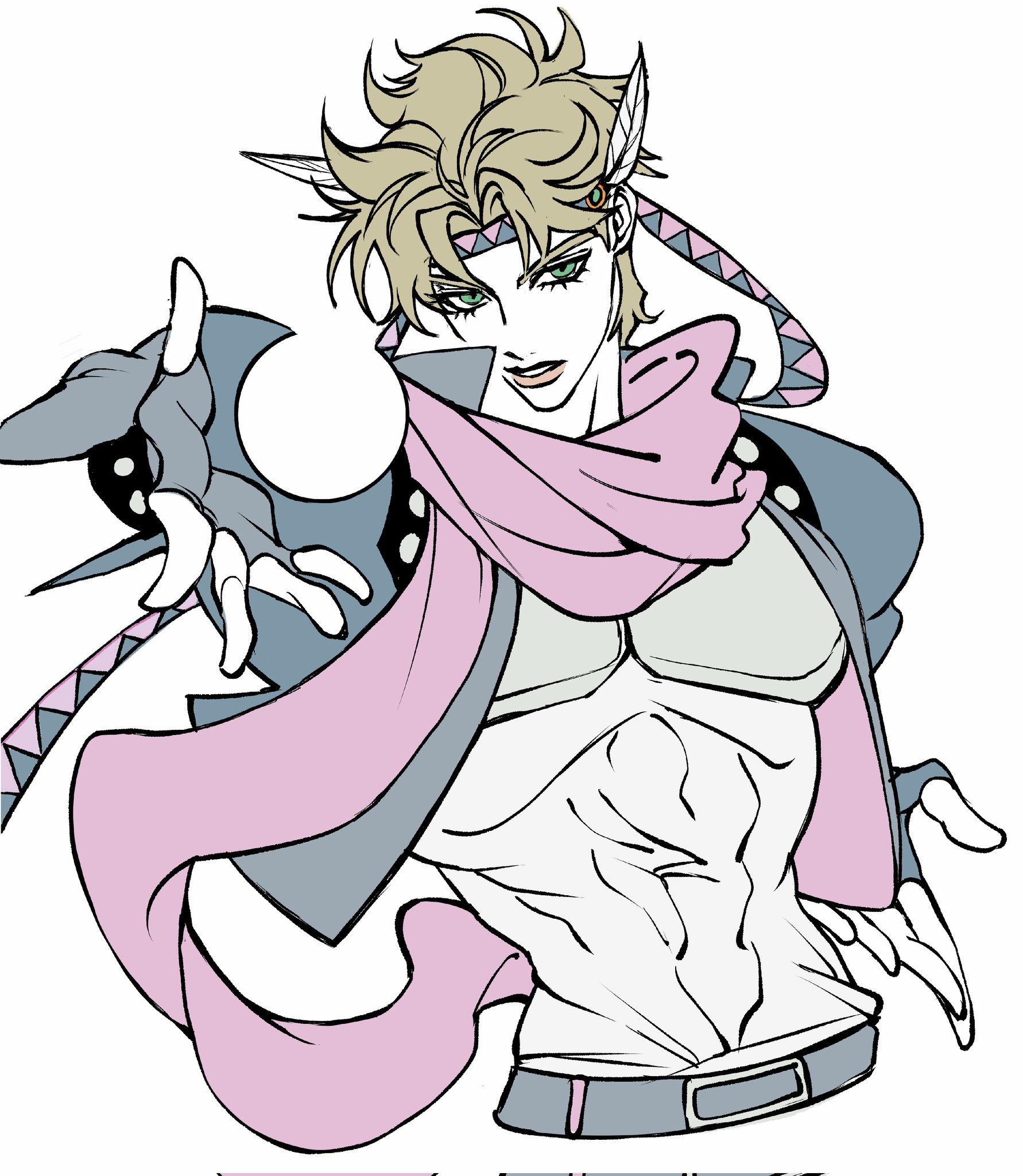 clamchowder55, caesar anthonio zeppeli, battle tendency, jojo no kimyou na bouken, commentary request, highres, korean commentary, 1boy, abs, belt, blending, blonde hair, blue headband, blue jacket, brown lips, bubble, cropped jacket, facial mark, feather hair ornament, feathers, fingerless gloves, flat color, gloves, green eyes, grey belt, grey gloves, hair ornament, headband, jacket, limited palette, male focus, midriff, outstretched hand, pink headband, pink scarf, scarf, shirt, simple background, solo, triangle print, white background, white shirt