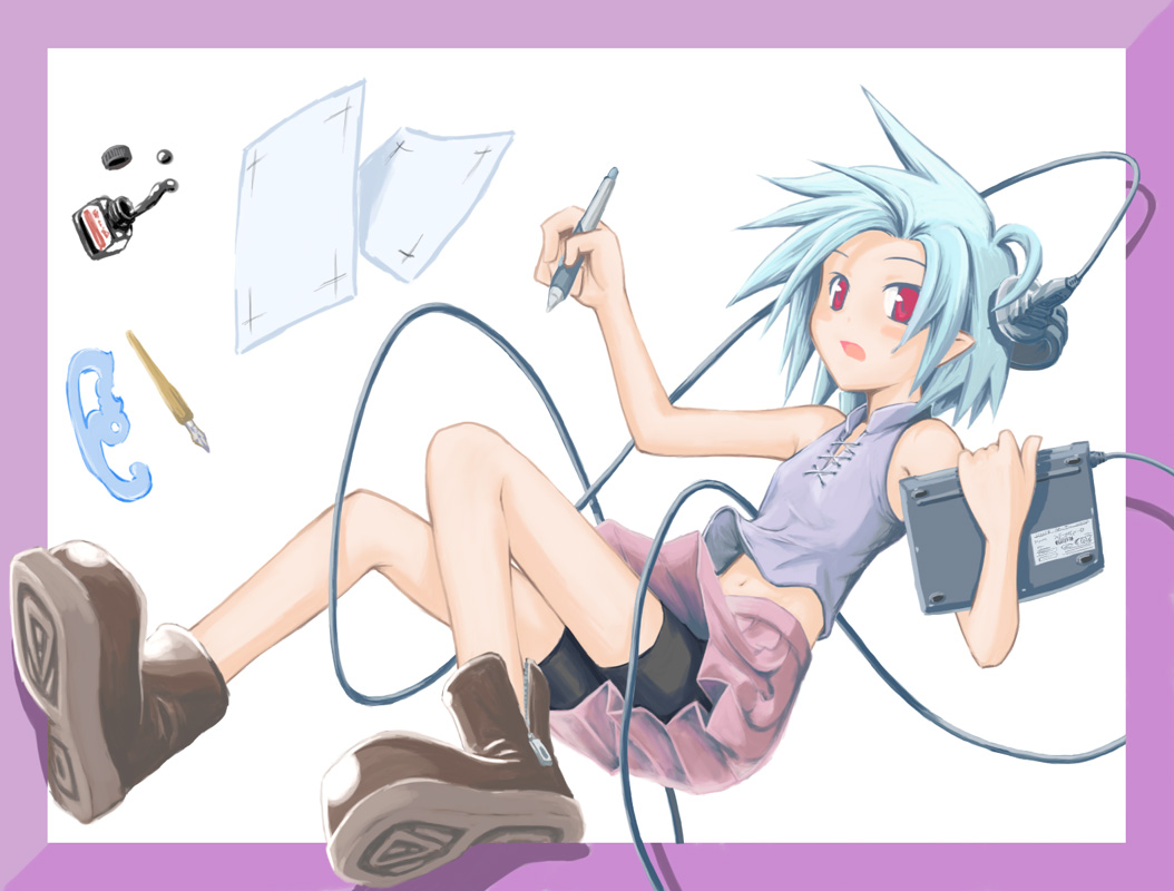 gou (double trigger), original, 1girl, blue hair, drawing tablet, female focus, headphones, ink, pen, red eyes, short hair, solo
